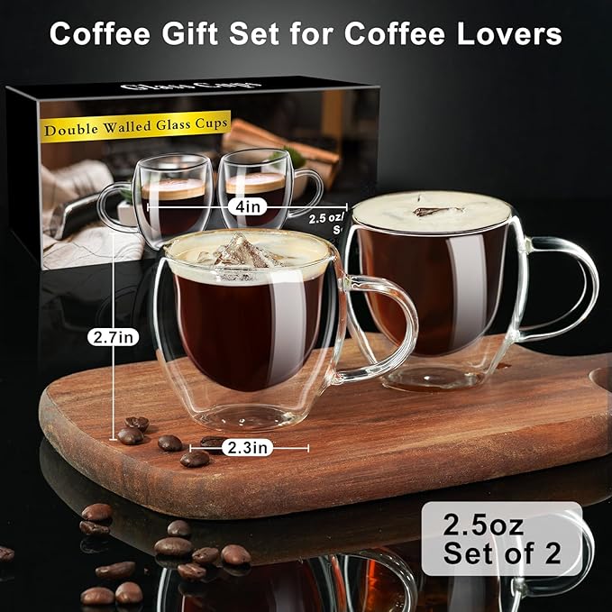 PARACITY Espresso Cups Set of 2, Double Walled Espresso Shot Glass with Handle, 2.7 OZ High Borosilicate Expresso Shots Cup, Espresso Accessories