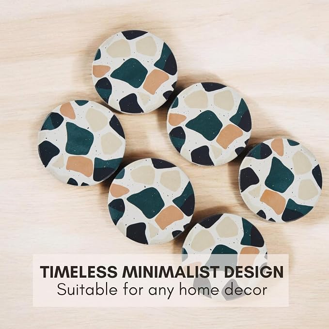Terrazzo Coasters Set of 6, Ceramic Absorbent Drink Coasters, Cute Mid Century Boho Coaster, Coffee Table Desk Decor, Colorful Stone Coaster for Drinks