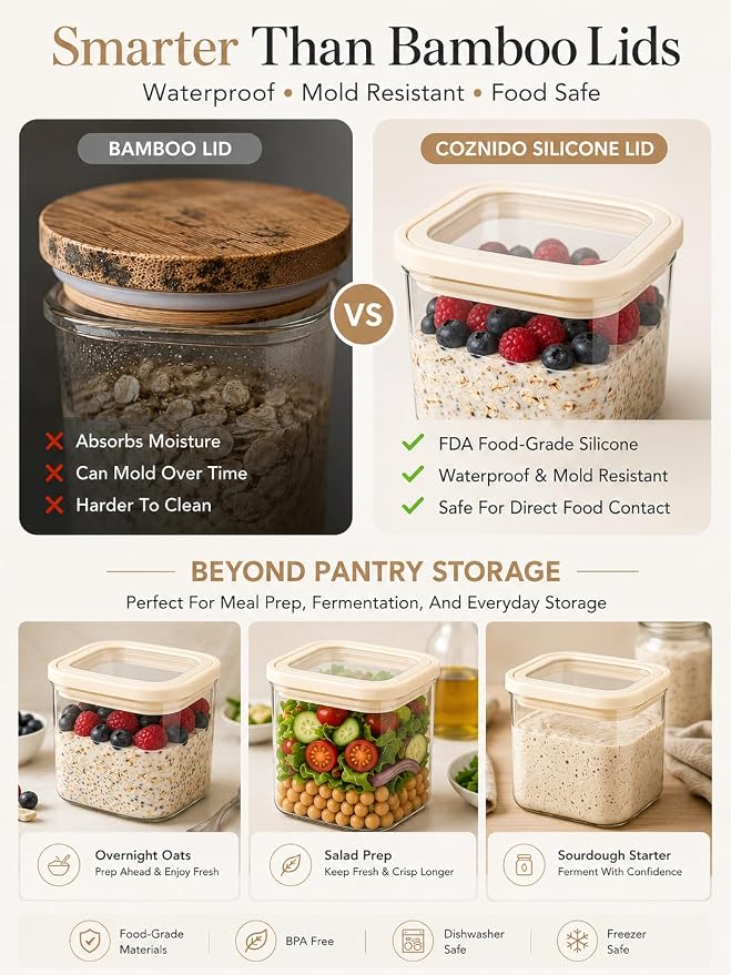 12pcs Square Glass Pantry Storage Containers Set with Glass Lids 0.76Qt/1.22Qt/1.67Qt - Airtight Stackable Kitchen Canisters Sets | 24floz / 40floz / 53floz Glass Pantry Storage Jars
