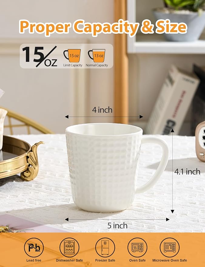 15 oz Ceramic Coffee Mugs Set of 6 - White Waffle Embossed Coffee Cups with Large Handle - Mugs for Latte, Cappuccino & Hot Cocoa - Dishwasher & Microwave Safe - Father's Day & Housewarming Gift