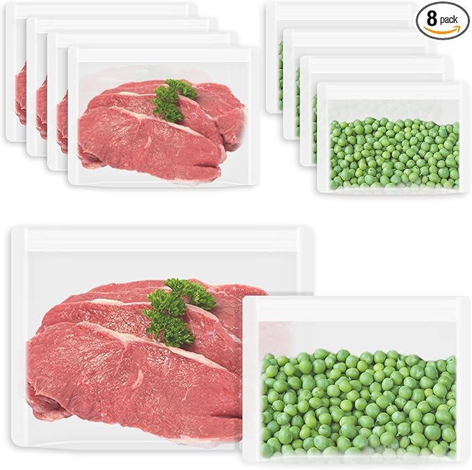 Reusable Sandwich Bags & Snack Bags Set, 8 Pack, 100% Silicone Reusable Storage Bag, Soft Shell Ziplock Silicone Food Storage Containers, Freezer Microwave Oven Dishwasher Safe, Translucent