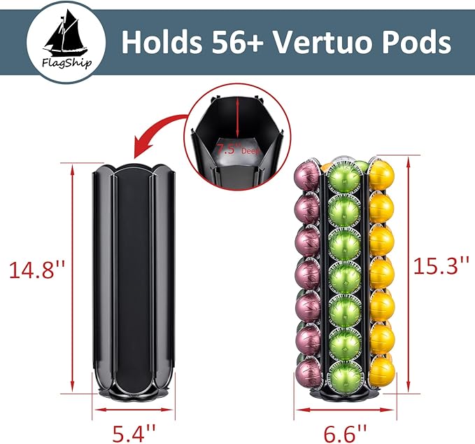 FlagShip for Nespresso Vertuo Pod Holder 360 Degrees Revolving Vertuo Pod Carousel Extra Storage Space,Coffee Pod Stand Black Metal(56+ Pods Capacity)