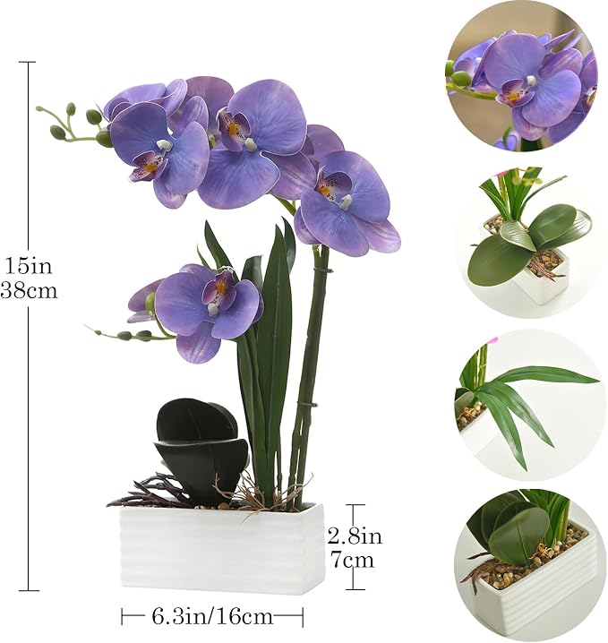Artificial Real Touch Orchid Flowers in Pot Fake Phalaenopsis Flower with White Ceramic Vase Faux Orchids Arrangement for Home Table Office Wedding Party Decoration (Lavender)