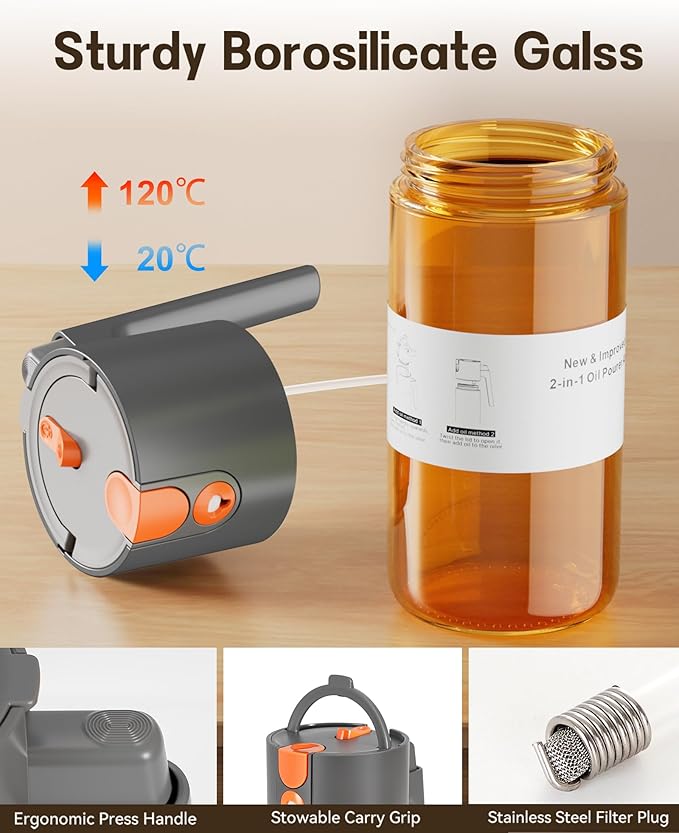 OURCABECUE Upgrade 2 in 1 Oil Sprayer for Cooking, 17oz Light-Blocking Glass Olive Oil Dispenser Bottle for Kitchen,Food-Grade Oil Mister with 8 Stickers for Salad, Frying (Grey)