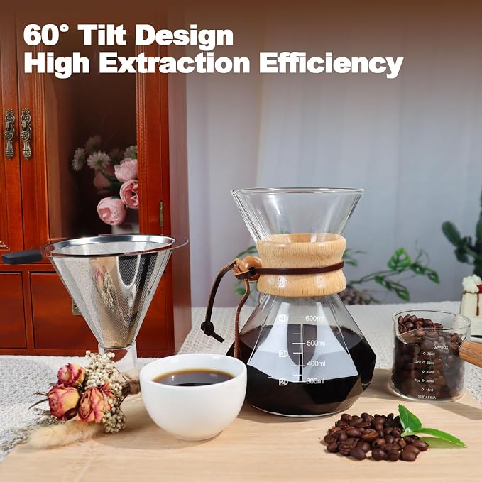 Pour Over Coffee Maker 600ml 20.3oz Glass Drip Coffee Maker with 304 Stainless Steel Filter High Borosilicate Glass Duckbill Spout Solid Wood Handle Pour Over Coffee Dripper for Daily Brewing