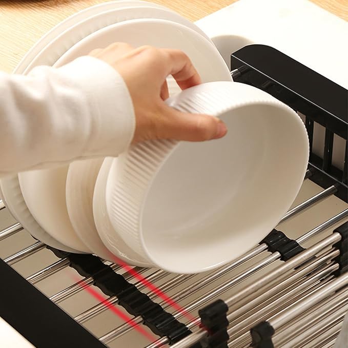 Small Dish Drying Rack - Extendable Dish Rack, Multifunctional Dish Rack for Kitchen Counter, Anti-Rust Dish Drainers with Cutlery and Cup Holders-Grey