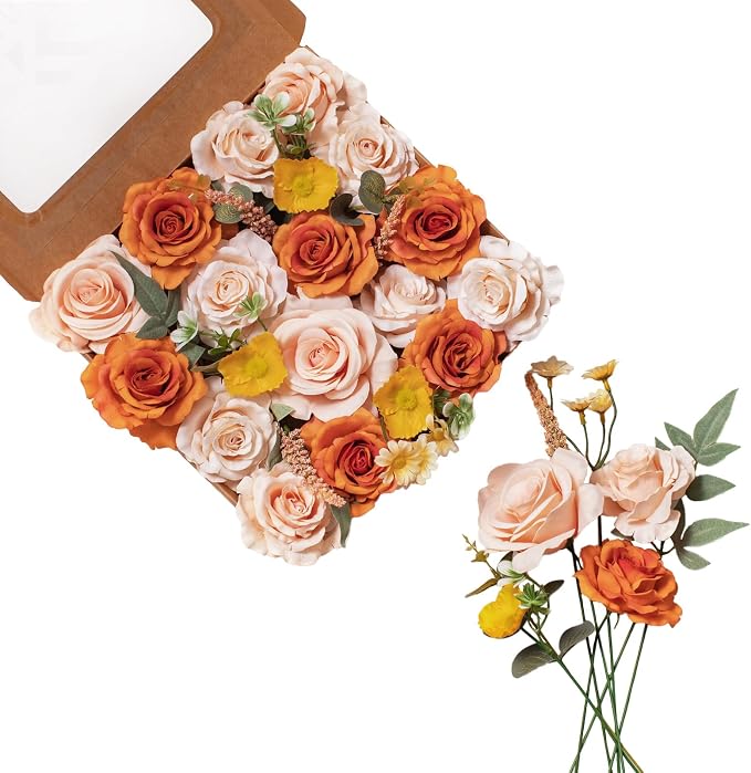 FANKO Artificial Flowers for DIY, Orange Peach Yellow Faux Flowers Bouquet, Fake Flowers with Roses Daisy Silk Flowers for Vase, Home Decor, Wedding Centerpiece, Floral Arrangement Décor, Party