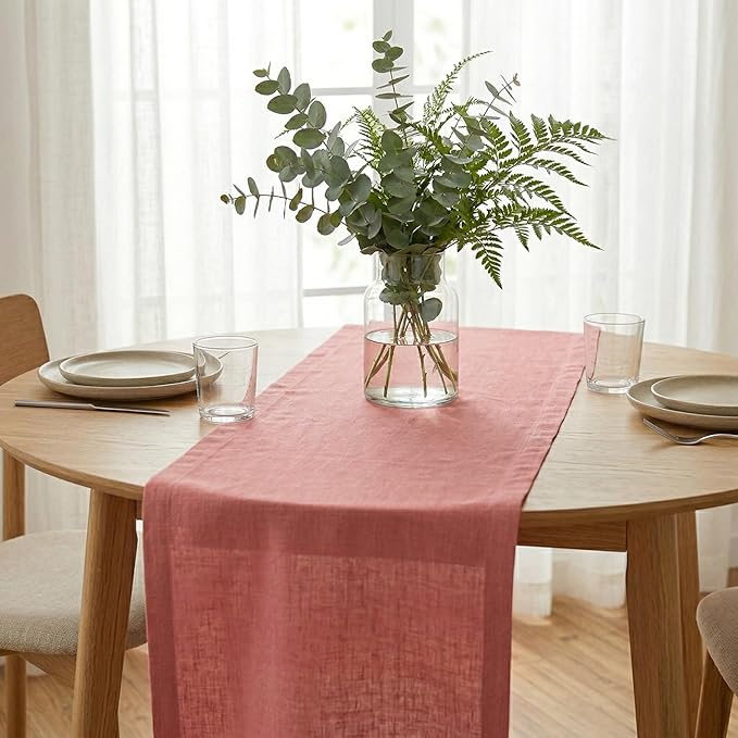 Solino Home Linen Table Runner 120 Inches Long - 100% Pure Linen Dusty Rose Table Runner 14 x 120 Inch for Spring, Summer - Diana Medium Weight