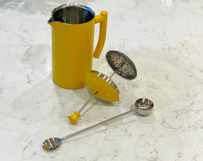 Frieling Stainless Steel French Press Coffee Maker - 34 Fl Oz, Yellow - Double-Walled with Double Filter - Insulated Plastic-Free Coffee Press for Camping & Travel