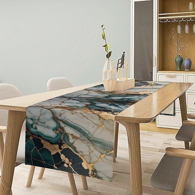 Marble Table Runner, Abstract Green and Gold Modern Luxury Texture Printed Linen Table Runners for Home Farmhouse Kitchen Dining Room Party Holiday Decor 13" W x 90" L