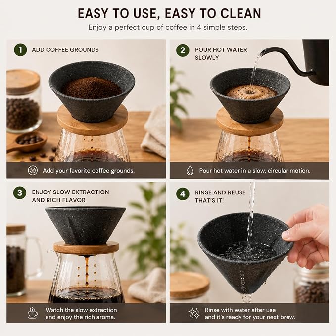 Reusable Drip Ceramic Coffee Filter With Premium Bamboo Tray, High Temperature Resistant, No Paper Pour Over Coffee Makers, Large Capacity for Home-Office-Travel Coffee Brewing