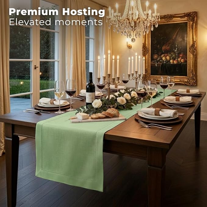 Signature Linen™ by D'Moksha Sage Green Table Runner 120 Inches Long, 100% Pure Linen, Hemstitch, 14 x 120 Inch Table Runner for Dresser, Dining- Summer, Father's Day