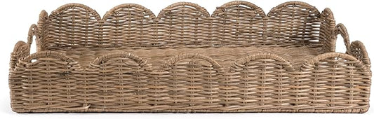 happimess TRY1000A Scalloped 21.5" Southwestern Cottage Hand-Woven Rattan Tray with Handles for Storage,Decoration, Display, Coffee Table or Serving Food, Natural