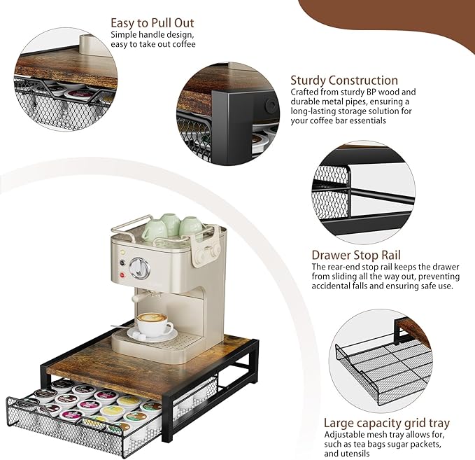 KLM Coffee Pod Holder for Keuring K-Cup,Rustic Brown Counter Storage Organizer with Sliding Drawer,Holds 35 Pods,No Assembly Required.