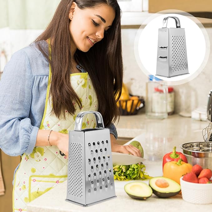 MAGICLULU 1pc Stainless Steel Vegetable Grater Portable Metal Grater 4-Sided Cheese Grater with Handle for Kitchen Restaurant (6inch)