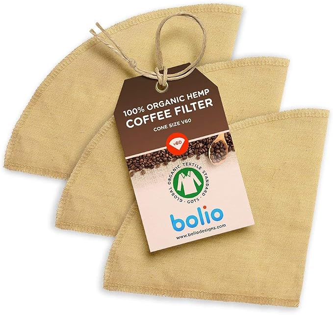 Organic Hemp Reusable Coffee Filters (3-Pack) - No.2 Cone - USA Made Hemp Fabric - Compatible with Hario V60, Bee House, and All No2. size Pour Over Coffee Makers
