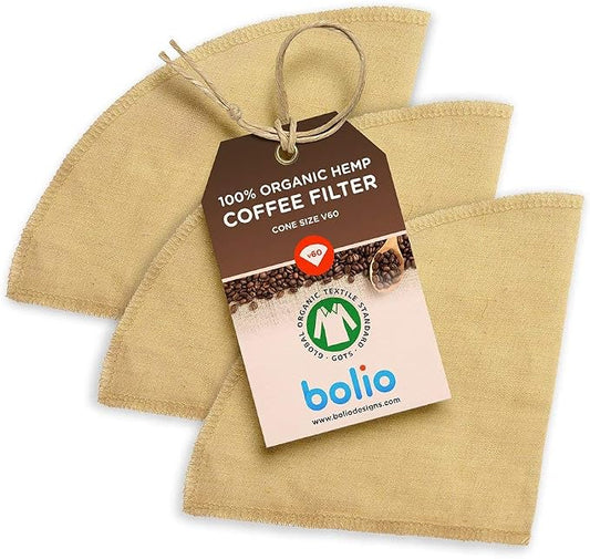 Organic Hemp Reusable Coffee Filters (3-Pack) - No.2 Cone - USA Made Hemp Fabric - Compatible with Hario V60, Bee House, and All No2. size Pour Over Coffee Makers
