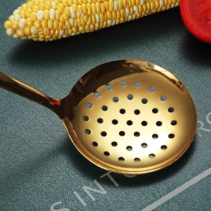 Gold Skimmer, Berglander Metal Strainer With Titanium Gold Plating, Kitchen Cooking Skimmers For Non-Stick Cookware, Dishwasher Safe, Easy to Clean