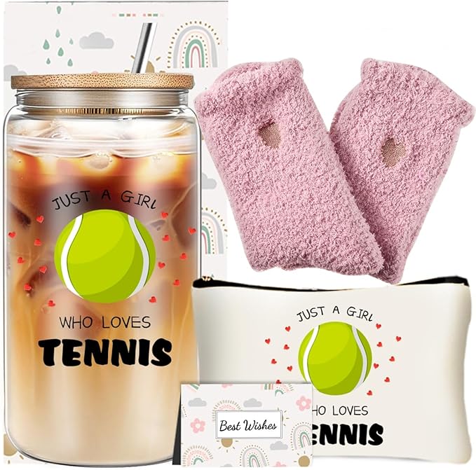 Tennis Gifts for Women, Funny Inspirational Gifts for Tennis Lovers Players, Team Gift Set with Glass Cup Cosmetic Bag Sports Party Favors