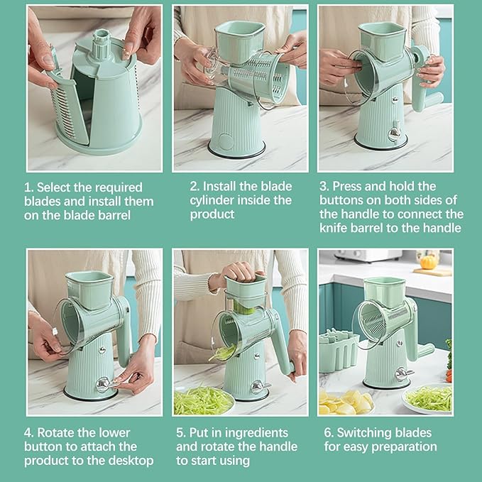 5 In 1 Rotary Cheese Grater Vegetable Slicer for Kitchen, Carrot Shredder Tool-Food Shredders with 5 Sets Interchangeable Blades And Strong Suction Base (Green)