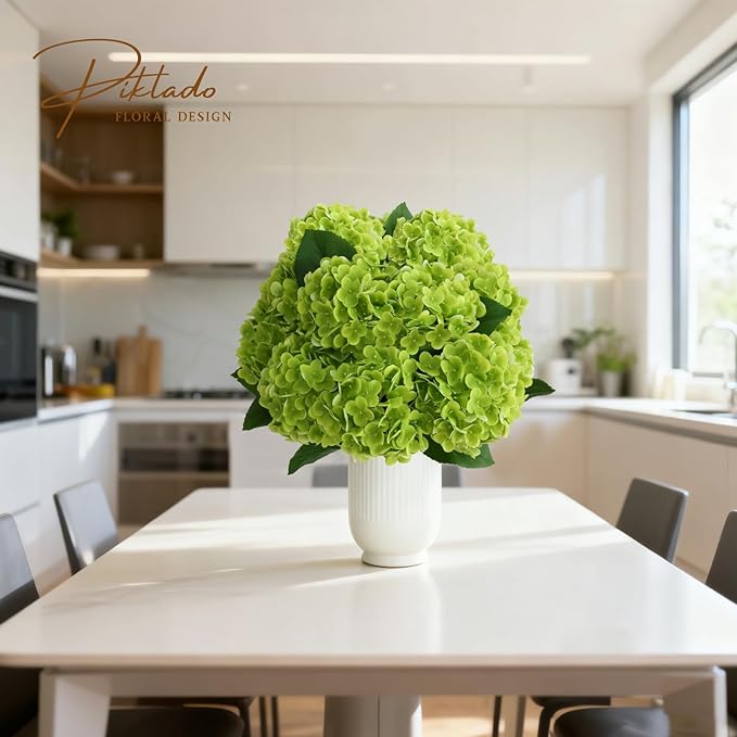A Bunch 21in, Real Touch Green Hydrangea Artificial Flowers, with 5pcs Flower Head 10pcs Leaves,Faux Hydrangea Flowers for Home Office Decor Wedding Party Arrangements (1, Green)