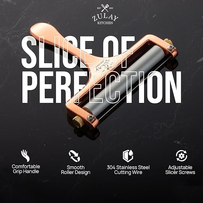 Zulay Adjustable Cheese Slicer - Wire Slicer for Mozzarella, Cheddar, Gouda - Heavy Duty With 2 Extra Wires (Rose Gold)