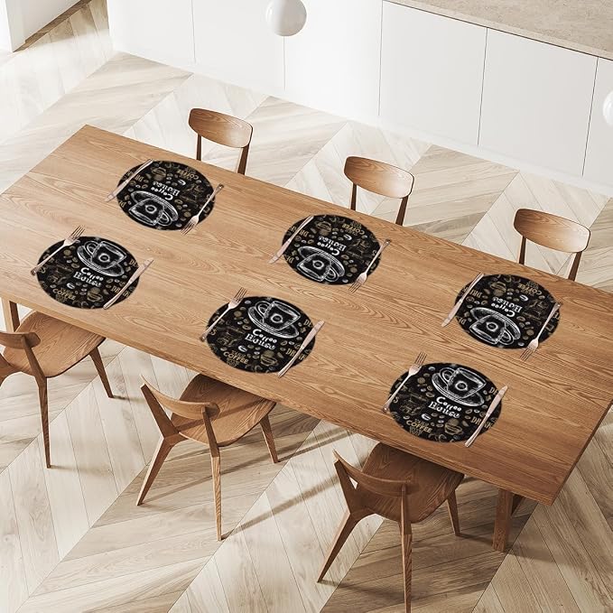 Round Placemats Set of 6, Black Coffee Pattern Woven Placemats Mats Non-Slip Heat Resistant Washable Table Mats Round Braided Place for Farmhouse Kitchen Dining Party Decor 15in
