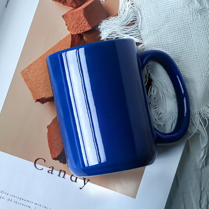 16 OZ Porcelain Coffee Mugs, Classic Blank Ceramic Cup with Large Handle for Tea Latte Cappuccino, Set of 4, Blue