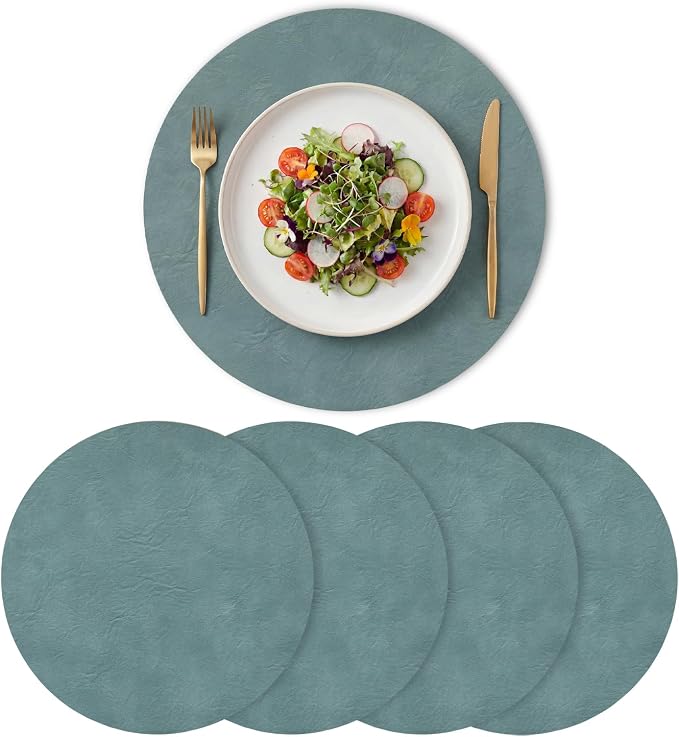 Artoid Mode Blue Faux Leather Placemats Set of 4, 15 Inch Waterproof Wipeable Heat Resistant Vinyl Place Mats, Reversible Table Mats for Winter Kitchen Dining Decor