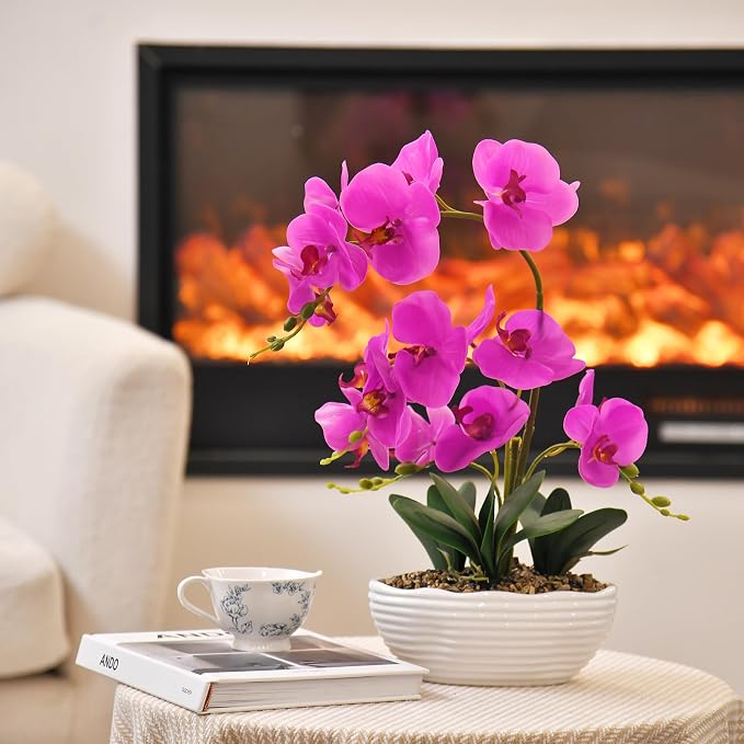 19" H Phalaenopsis Faux Orchid Plant Silk Orchid Centerpiece Artificial Floral Arrangement in Ceramic Pot (Fuchsia)