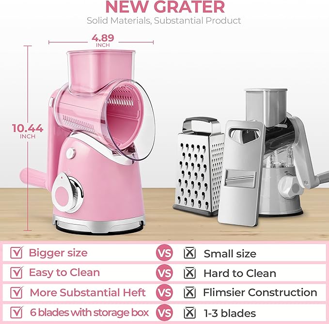 SUSTEAS Rotary Cheese Grater with Handle,Vegetable Slicer with 6 Interchangeable Blades, Reinforced Suction,Easy to Clean,Kitchen Shredder for Crushed Ice,Fruits and Nuts with Blade Storage Case,Pink