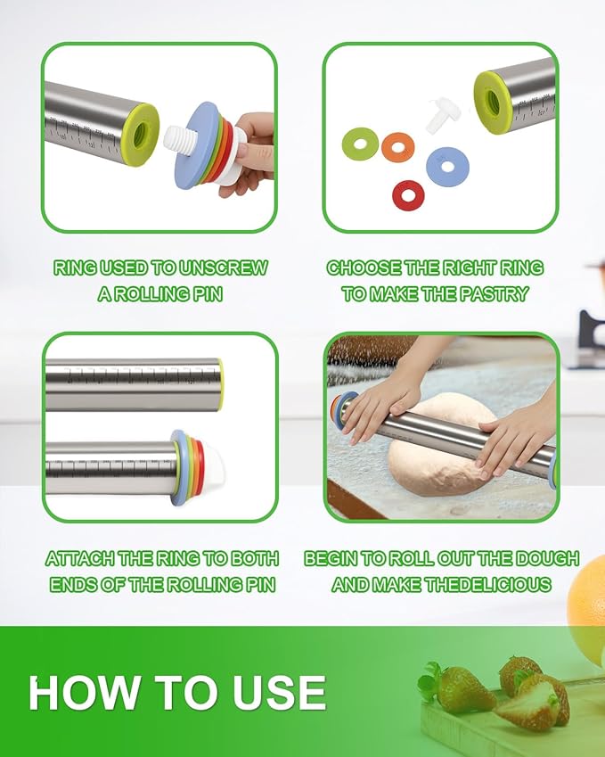 Adjustable Stainless Steel Rolling Pin with Thickness Rings for Baking, Dough Roller Pins for Cookie Decorating Baking Supplies with 1PCS Silicone Pastry Mat & 1PCS Rolling Pin Holder
