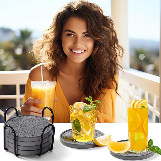 Photect Diatomaceous Earth Coasters Set with Holder Absorbent Stone Drink Coasters Instant Drying Tray for Tabletop Protection Home Decoration Housewarming Gift(Black,6 Pcs)
