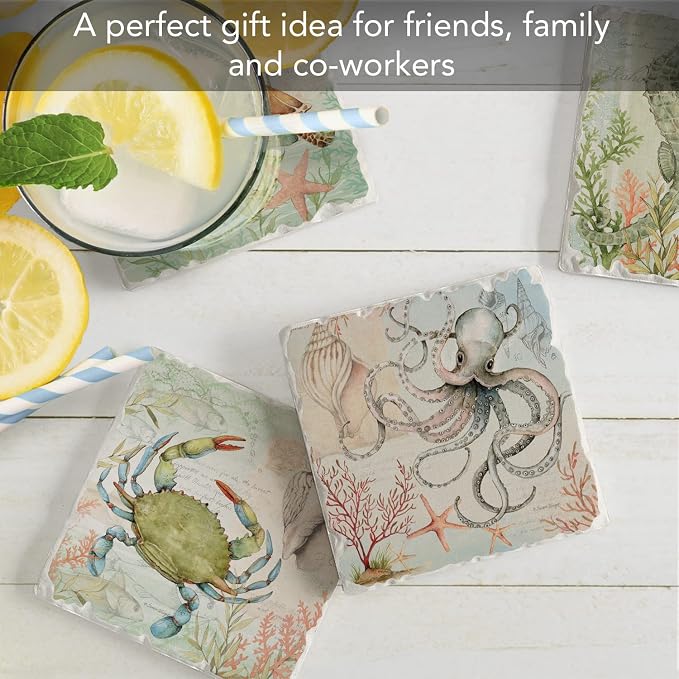 Thirstystone Beachy 4 Pack Assorted Tumbled Tile Stone Coasters with Protective Cork Backing Manufactured in The USA Absorbent Easily Wipes Clean (Caribbean Sea)