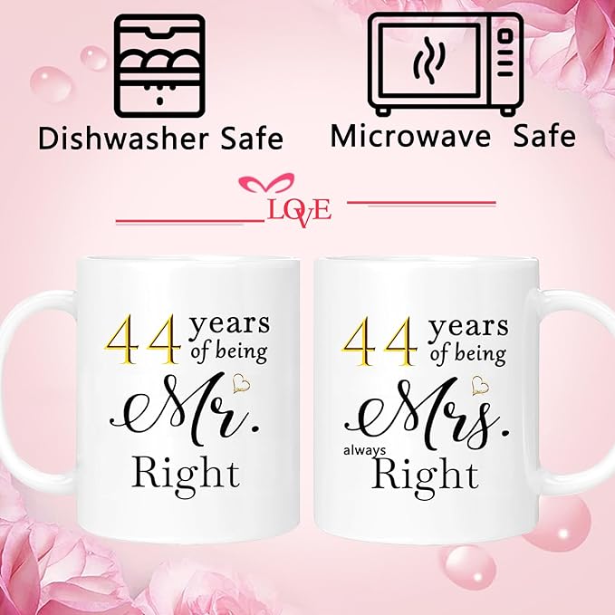 44th Anniversary Coffee Mugs Set of 2, 44 Year Anniversary Wedding Gifts Decorations for Couple Parents Grandparents Men Women Husband Wife Him Her, Gift Box Packaging, 11oz