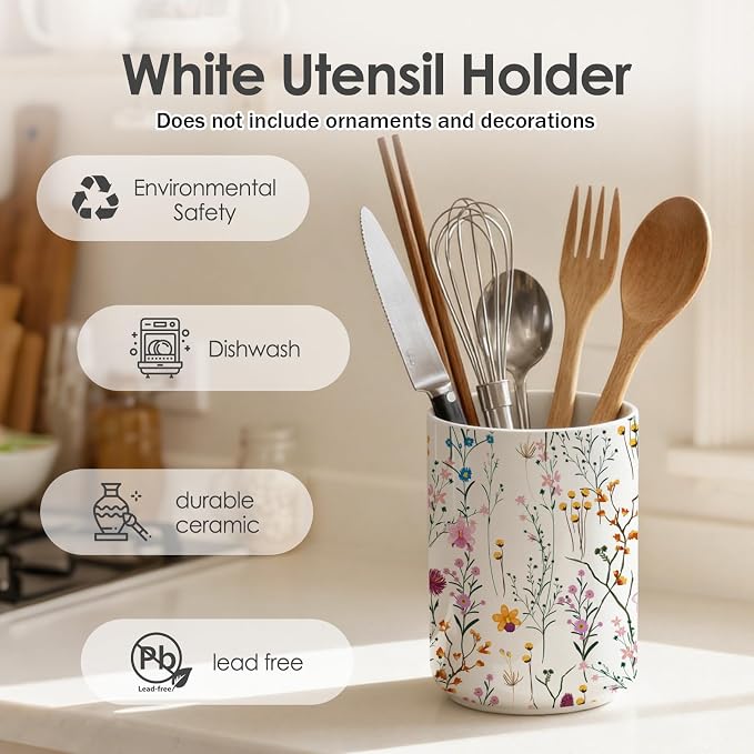 Wildflowers Utensil Holder,Countertop Ceramic Utensil Holder,Large Cooking Utensil Crocks for Kitchen Counter Decor,Ceramic Vase for Kitchen Utensils, H6.3 xD4.7(Wildflowers)