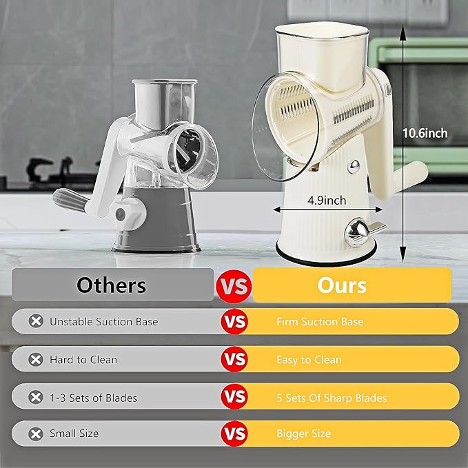 Rotary Cheese Grater with Handle: 5 in 1 Cheese Grater Hand Crank Cheese Shredder with Strong Suction Base Kitchen Vegetable Slicer with 5 Interchangeable Blades, Storage Box, White