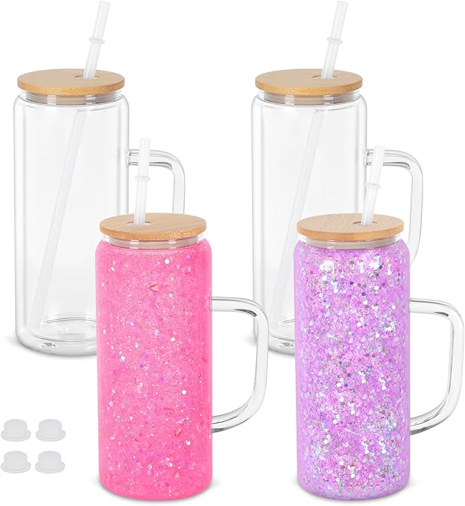 20 Oz Snow Globe Glass Cup With Handle, 4 Pack Pre-Drilled Double Wall Glass Coffee Mug For Snowglobe Diy Glitter, Double Wall Snow Globe Tumbler with Bamboo Lid