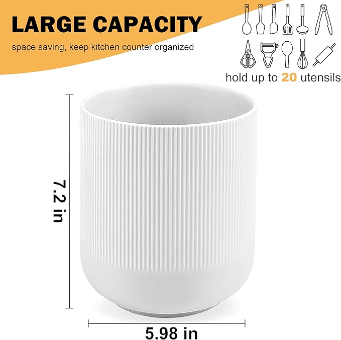 RedCall Kitchen Utensils Holder Large,Ceramic Utensil Organizer for Countertop,Morden Utensil Crock for Spoon Spatula,Home Kitchen Decor (White)