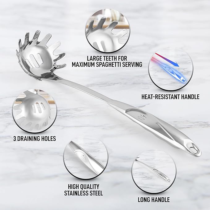 Zulay Kitchen Stainless Steel Pasta Spoon - 12” Spaghetti Server with Teeth & Draining Holes - Rust-Resistant Pasta Fork for Noodles & Pasta - Dishwasher Safe Utensil for Everyday Use