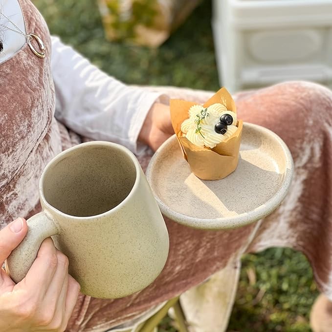 Uaral Large Coffee Mugs Cream Stoneware Mug Set with Jumbo Handle for Cocoa,Milk,Latte or Tea,Handmade Free-Form Edge Design,20oz,Set of 2, (Cream)