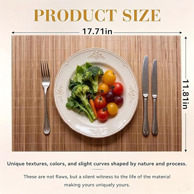 4-Pack Bamboo Placemats,Woven Heat-Resistant Rectangular Table Mats,Natural Dining Place Mats,Rustic Japanese Style Wood Mats for Indoor Dining,Kitchen and Party Use, Coffee