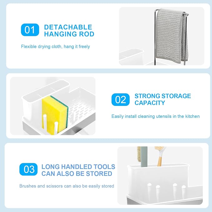 Kitchen Sink Caddy,Sponge Holder for Kitchen Sink with Dish Brush Holder, Auto Drain Tray, Sponge Drain Rack,Stainless Steel Sink Organizer Countertop，Sponge Soap(White)