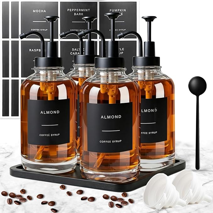 Coffee Syrup Dispenser for Coffee Bar, Set of 4 Simple Glass Syrup Bottle w. Pump and Labels, 16.9 oz 500ml Syrup Pump Dispenser, Syrup Dispenser w. Tray & Coffee Scoop