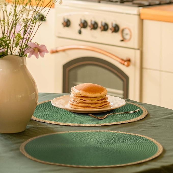 Noctiflorous Braided Round Placemats Set of 8, 15 Inch Woven Table Mats, Non-Slip Washable Thin Edge Place Mats for Kitchen Dining Table Decor (Green, 8)