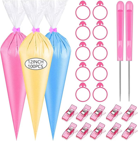 122PCS Tipless Piping Bags Disposable Pastry Bag 12 Inch 100PCS Icing Bags, 10 PCS Frosting Bag Clips, 2 Scriber Needle and 10 PCS Pastry Bag Ties for Cookies Cake Decorating