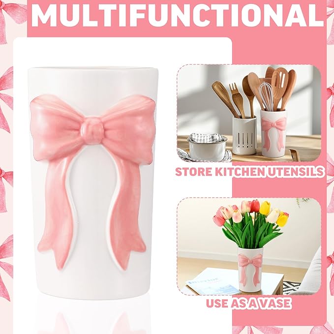 LemonRoad Pink Bow Ceramic Utensil Holder 3D Coquette Handmade Pink Kitchen Decor Gifts Cooking Utensil Crock Preppy Caddy Pen Holder Vase Graduation Gift for College Students