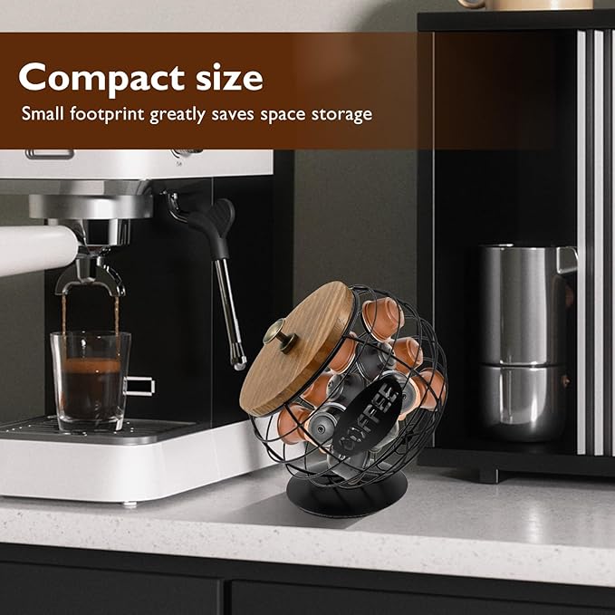Coffee Pod Holder with Lid, Large Capacity Unique Spherical Design Cup Holder with Wood Lid, Black Wire Coffee Capsule Storage Basket for Kitchen Countertop, Cafe Bar Organizer (black)