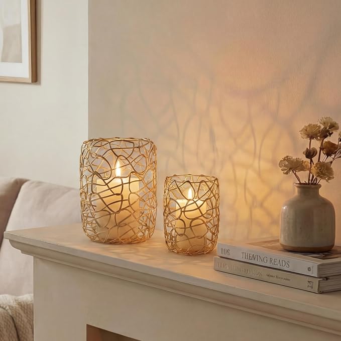 Nest Decorative Lanterns for 2'' & 3'' Pillar Candles, Gold Candle Holders Set of 2, Modern Metal Candleholder Stand for Fireplace Mantel Decor & Table Centerpieces for Christmas