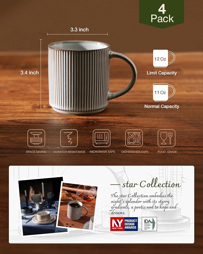famiware Coffee Mug Set for 4, Star 12 oz Catering Mugs Cup Set with Handle for Coffee, Tea, Cocoa, Milk - Ceramic Stoneware Drinkware Set, Cappuccino White+Smoky Blue